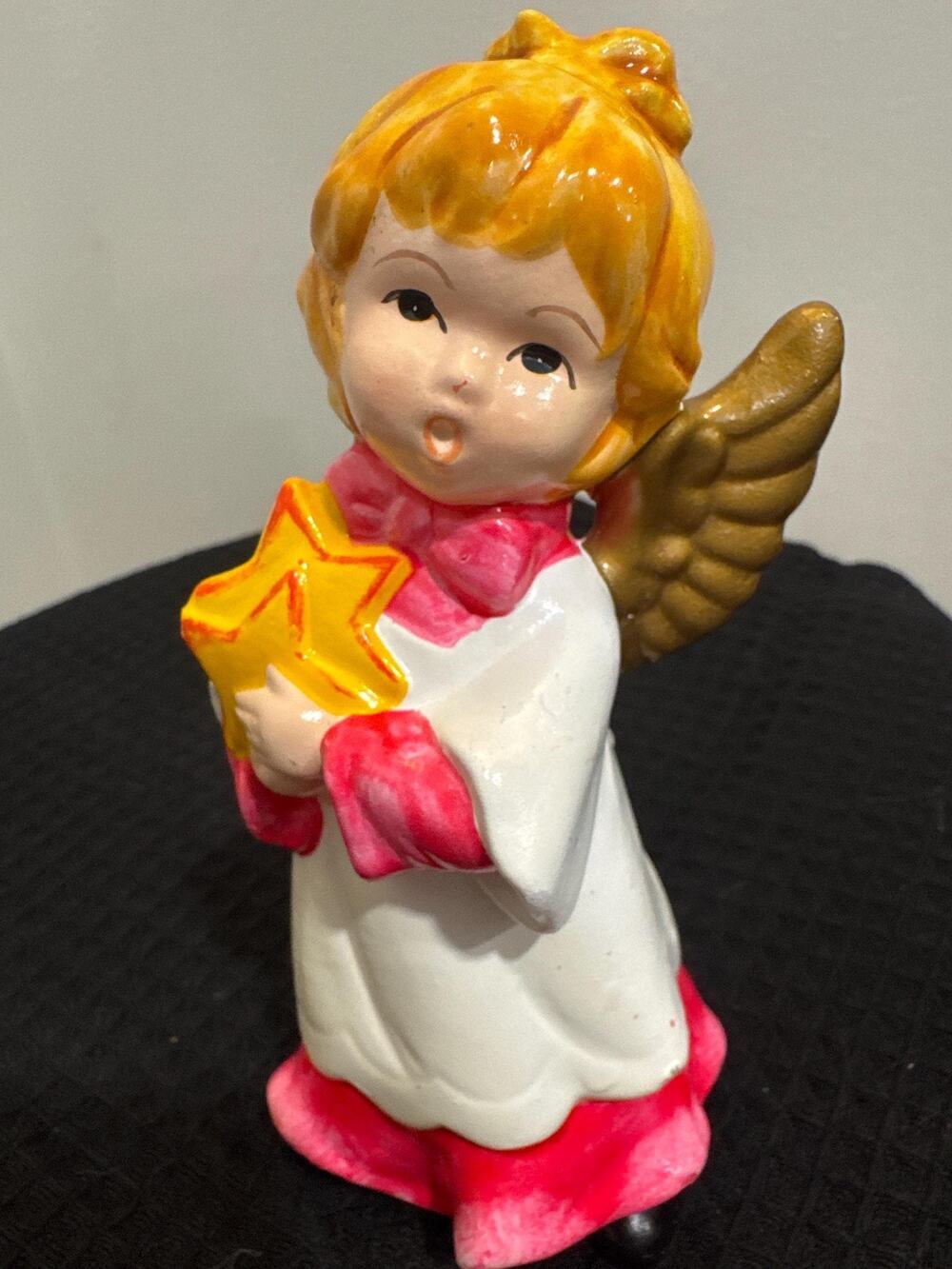 Vintage Korean Ceramic Christmas Angel Figurine Pink & White Gown with star